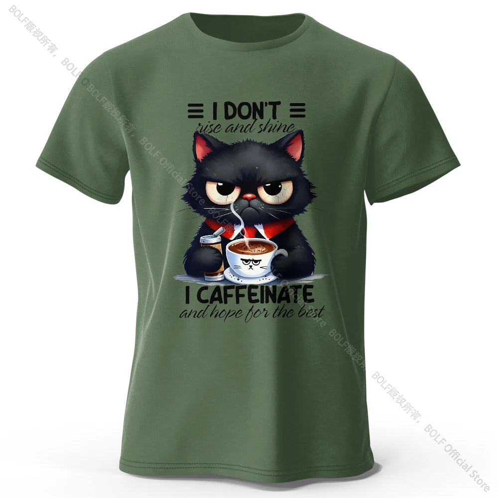Coffee Loving Cat Print 100% Cotton T-Shirt