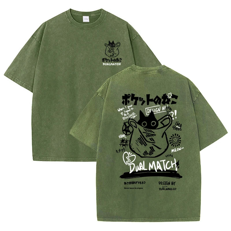 Women Cartoon T-Shirt Vintage Summer Harajuku Kawaii Cat Print Short Sleeve Tees Couple Streetwear Loose Clothes Cotton Tops