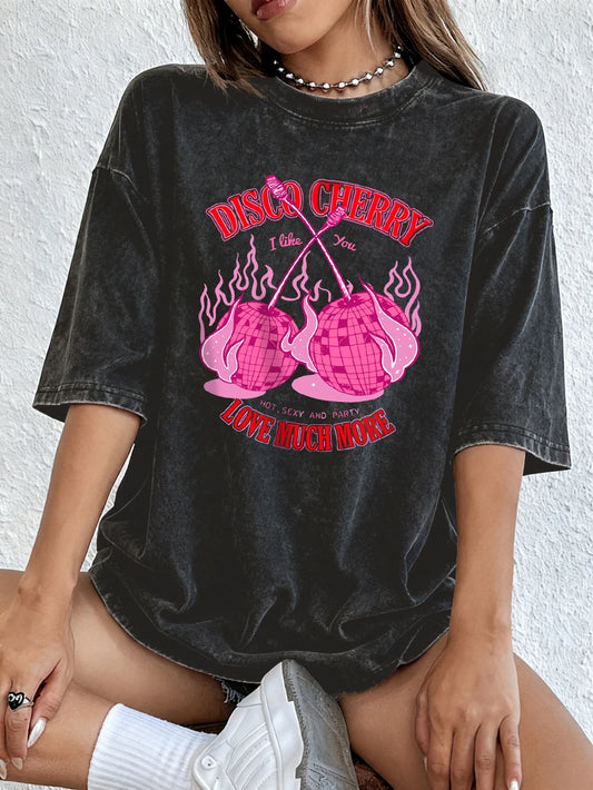 Disco Cherry Printing Washed T-Shirts Women Cotton