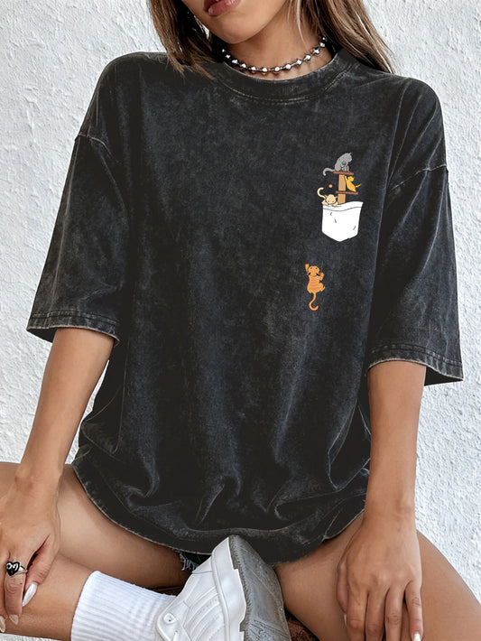 Climb Upwards Cat Prints Washed T-Shirts Womens Cotton Oversized Tops O-Neck Comfortable Distressed Streetwear Summer Clothes