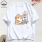 100% Cotton Womens T-Shirts Summer Work Cats That Cannot Do Without Coffee Prints T Shirt Soft Loose O-Neck Tops Basic Clothes