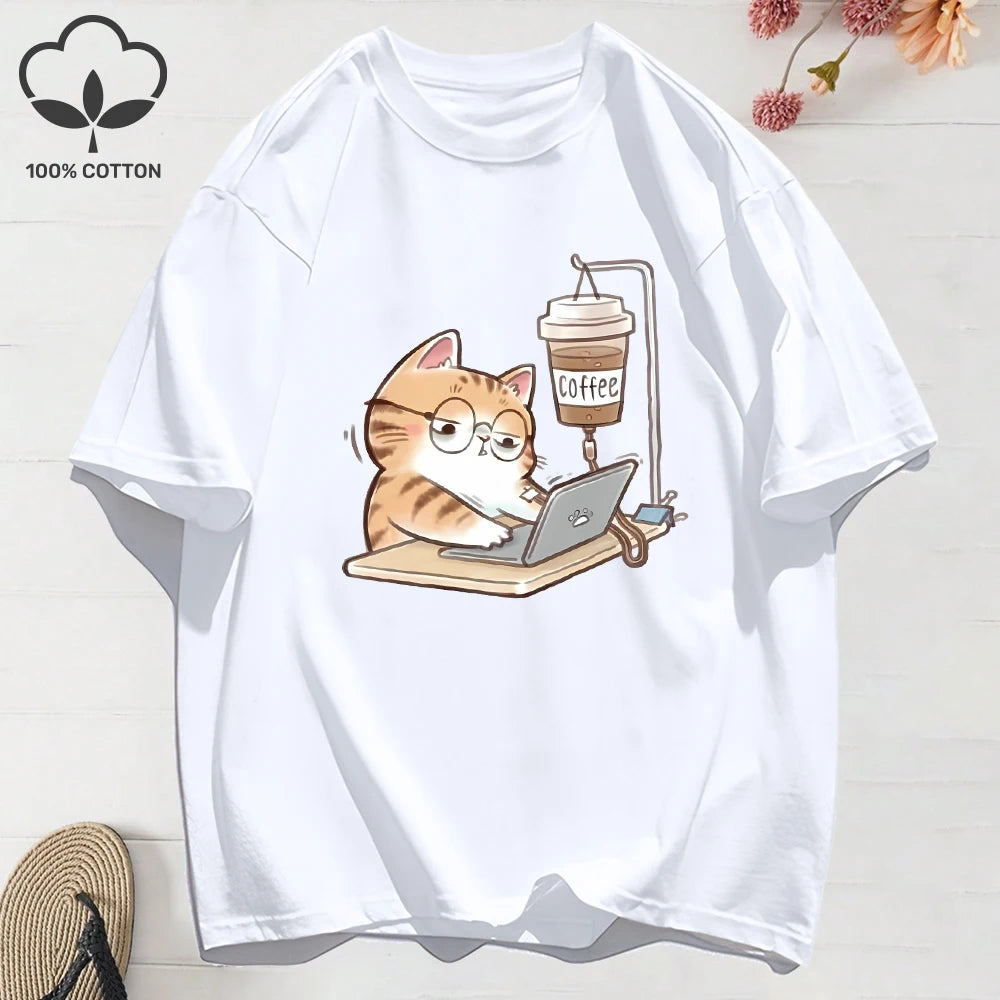 100% Cotton Womens T-Shirts Summer Work Cats That Cannot Do Without Coffee Prints T Shirt Soft Loose O-Neck Tops Basic Clothes