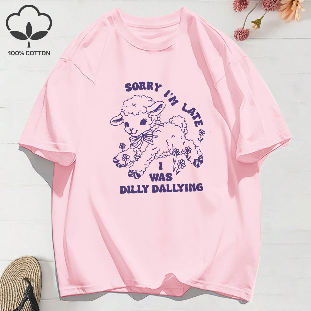 Summer T-Shirts Cotton Women I Was Dilly Dallying Funny Sheep Prints T Shirt Comfortable Loose O-Neck Tops Casual Womans Clothes