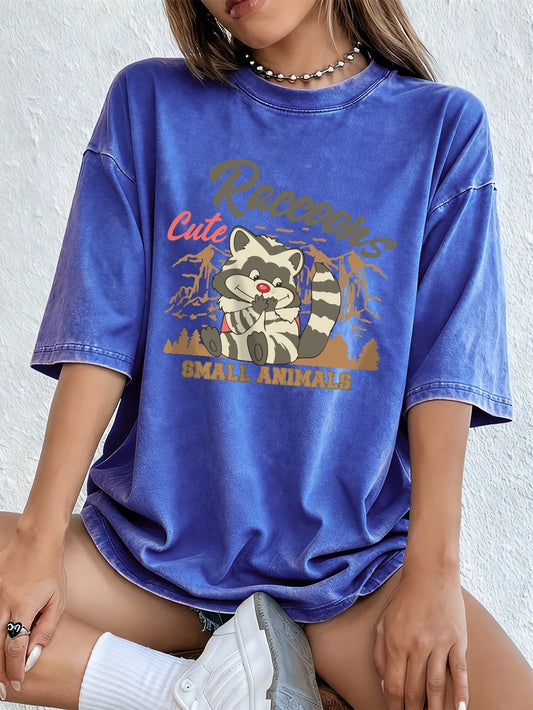 Cute Raccoons Prints Women's Oversized Cotton Washed T-Shirt