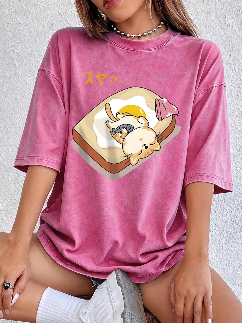 A Cat Sleeping Cotton Washed T-Shirts Womens Summer Oversized Tops Comfortable Distressed O-Neck T Shirt Casual Woman Clothes