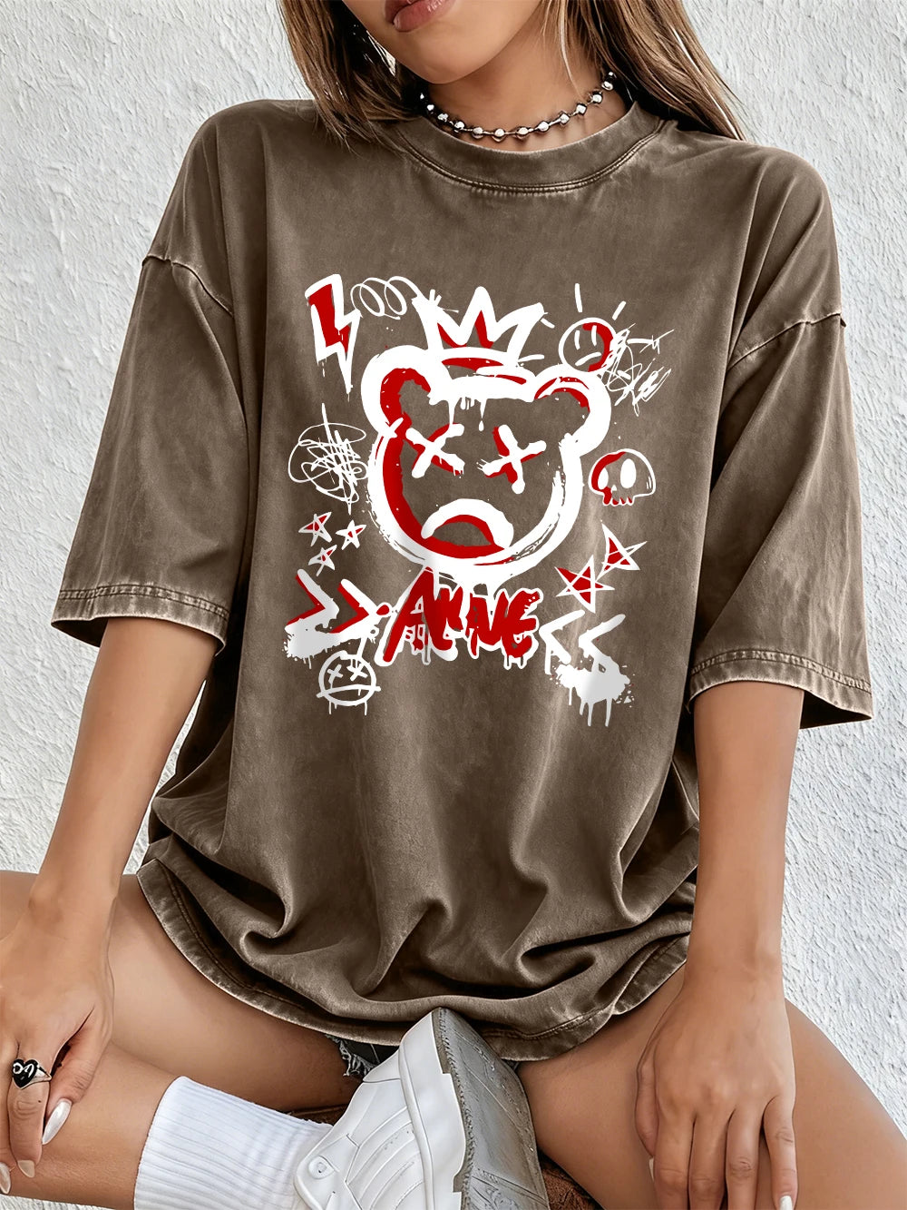 Bear Street Graffiti Prints Washed T Shirts Womens Cotton Oversized T-Shirt O-Neck Comfortable Distressed Tops Summer Clothes