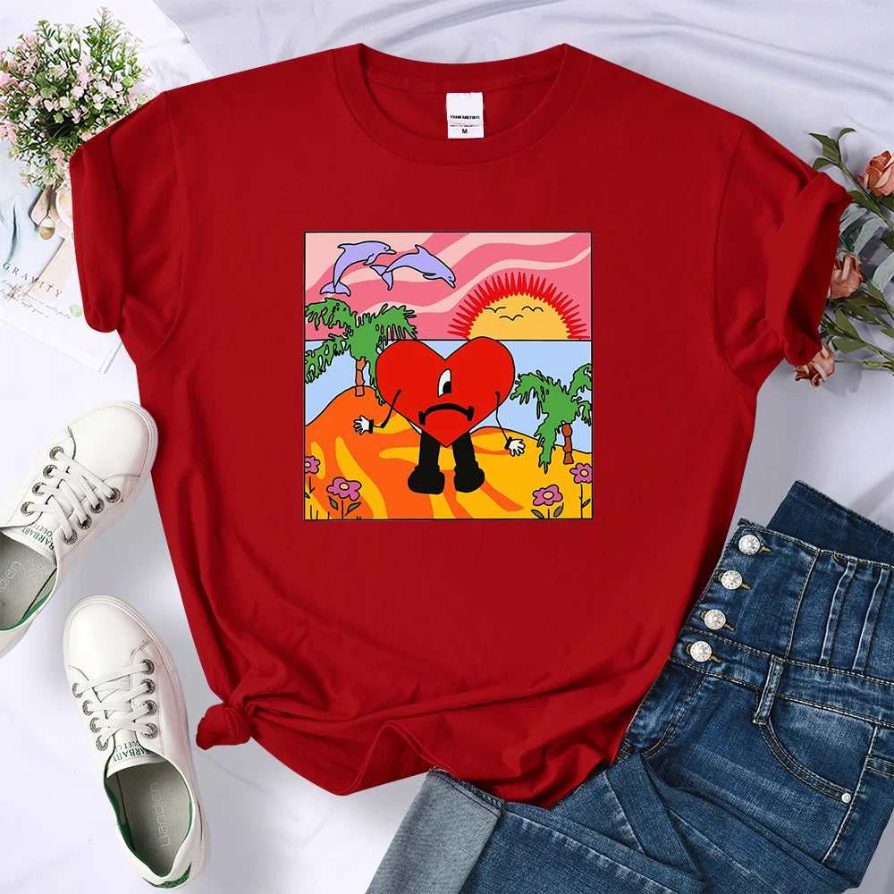 Bad Bunny Sad Love Heart Beach Sun Dolphin Palm Tree Tee Shirt New Loose T-shirts Hip Hop Street Tops Multicolor Womens Clothing