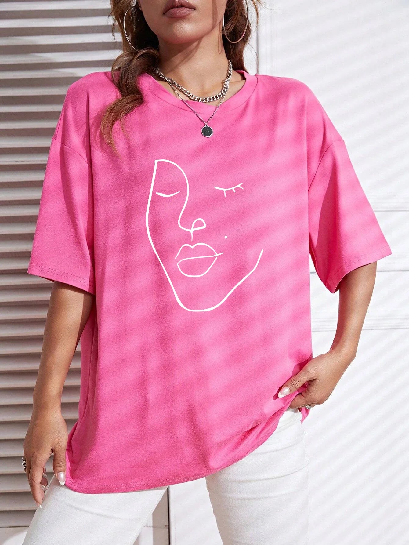 Simple Line Pattern Women's Face Printing tees Cotton Women T-Shirts Casual Soft Short Sleeve Tops Loose Comfortable Clothes