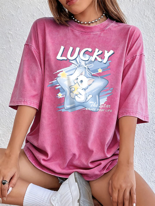 The Litter Star Enjoy Your Life Cotton Washed T-Shirts Womens Summer Oversized Tops Comfortable Distressed O-Neck Streetwear