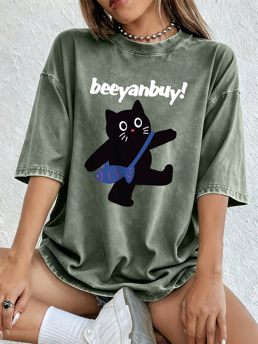 Kawaii Cat Printing Women's Oversized Cotton Washed T-Shirt