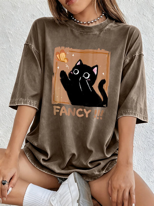 Black Kitten Catch Butterfly Women's Oversized Cotton Washed T-Shirt