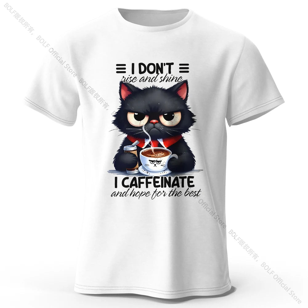 Coffee Loving Cat Print 100% Cotton T-Shirt