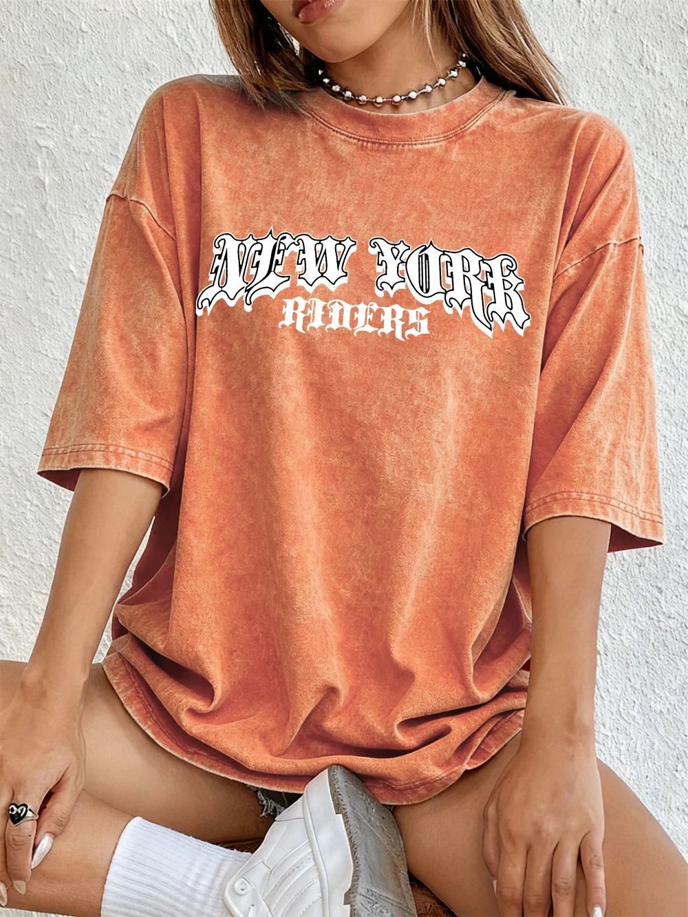 New York City Letter Printed Women's Cotton Washed T-Shirt Oversized