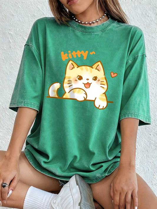 Kawaii Orange Cat Cotton Washed T-Shirt Women Summer Oversized Tops O-Neck Comfortable Distressed T Shirt Casual Woman Clothes