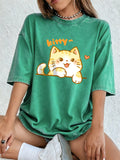 Kawaii Orange Cat Women's Cotton Washed T-Shirt Oversized