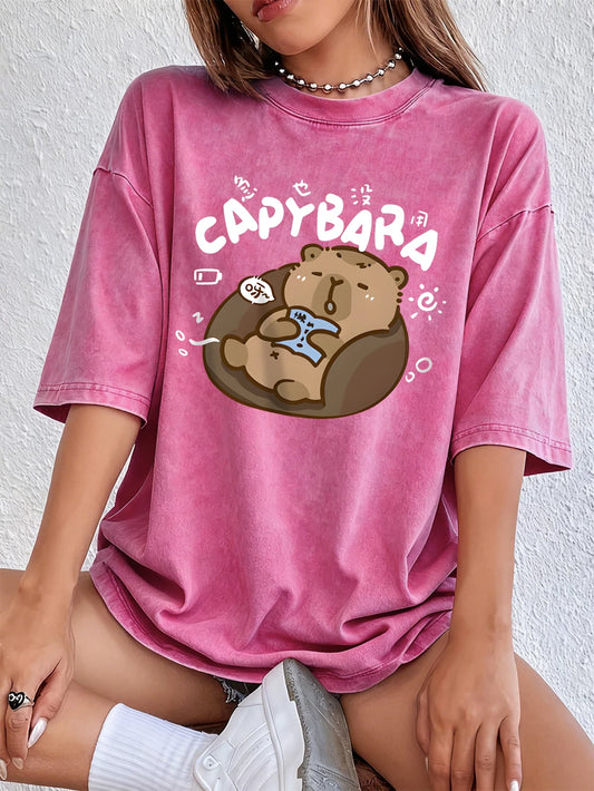 Cute Capibala Prints Washed T-Shirts Womens Cotton