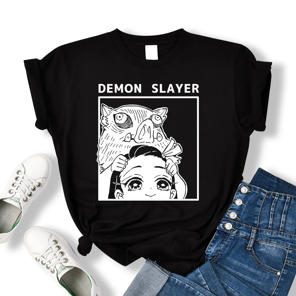 Demon Slayer Kamado Nezuko And Hashibira Inosuke T-Shirts Women Loose New Clothes Harajuku Street Tee Personality O-Neck T Shirt