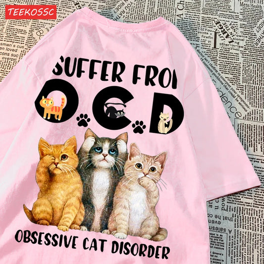 Cute Cartoon Cat Pattern Print Female Short Sleeve Cotton