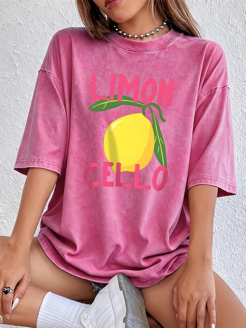 Limon Cello La Dolce Vita Prints Washed T-Shirt Women Cotton Oversize
