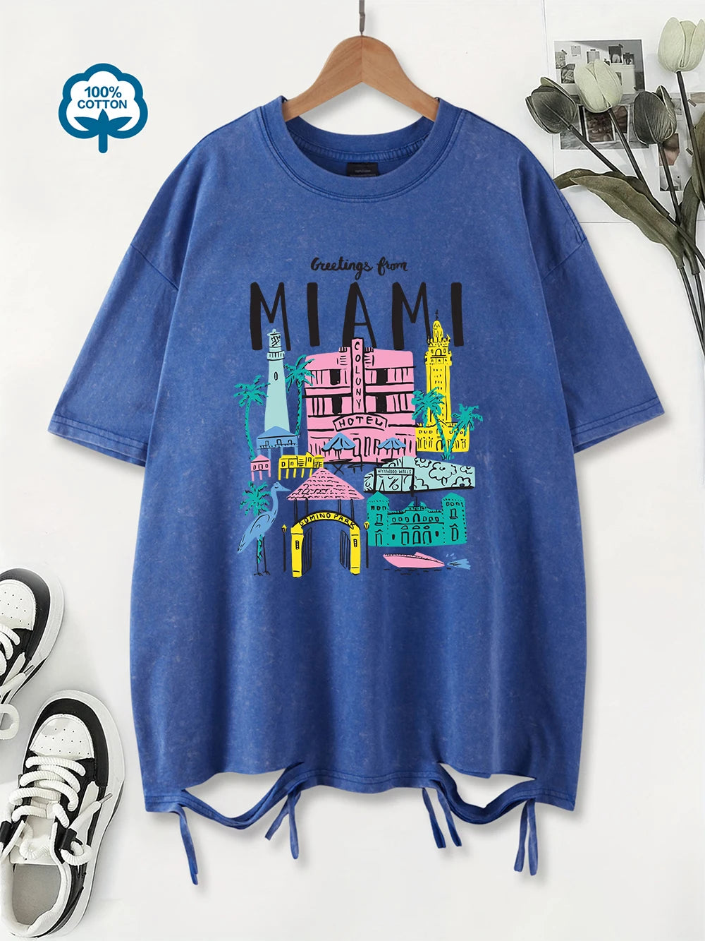 Greetings From Miami Women's Cotton Washed T-Shirt Oversized