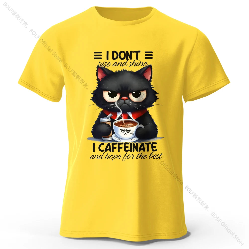Coffee Loving Cat Print 100% Cotton T-Shirt