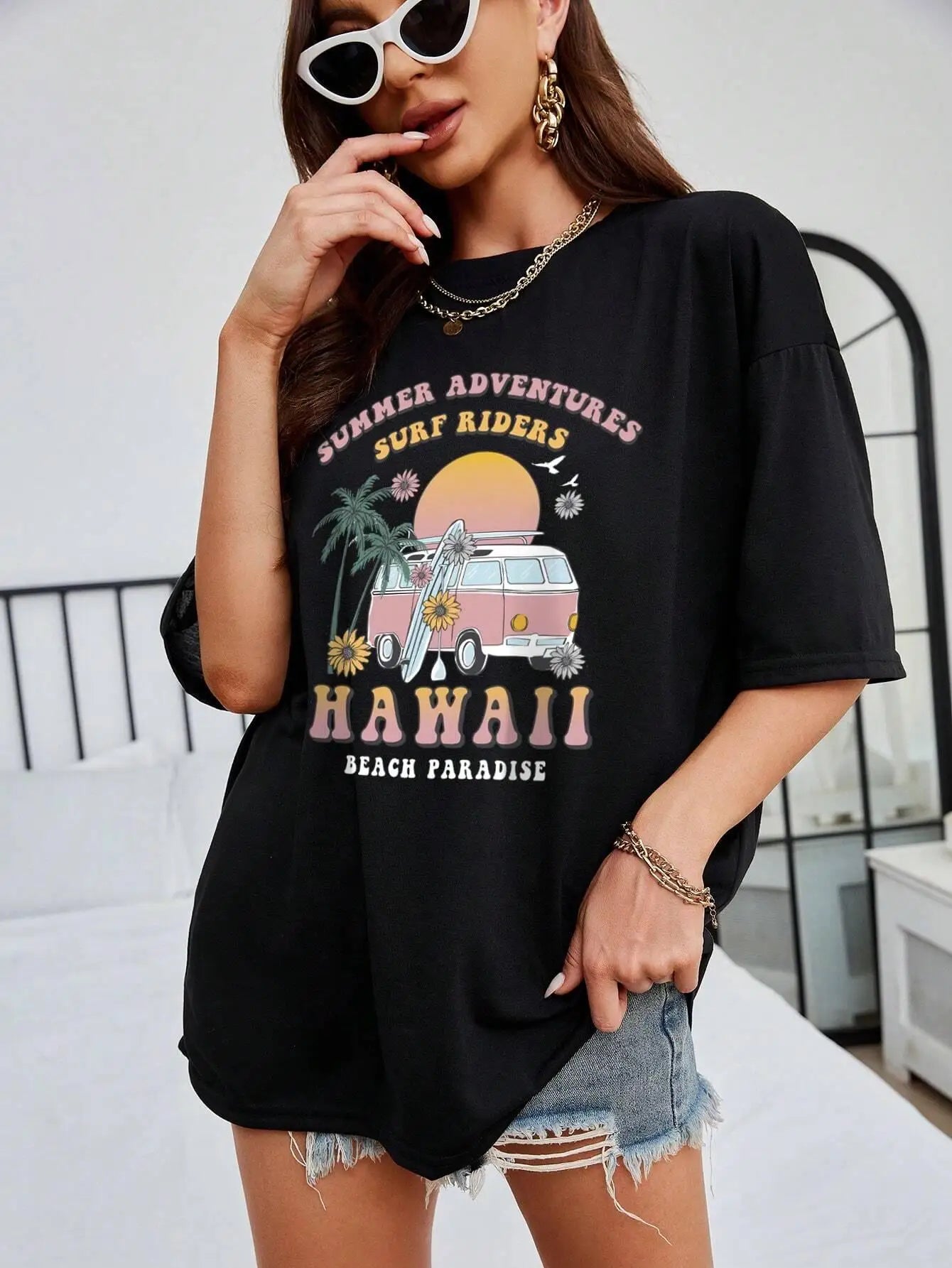 100% Cotton Women T-Shirts Hawaii Summer Adventures Print Tees Casual Soft Short Sleeve Tops Loose Comfortable Street Clothes