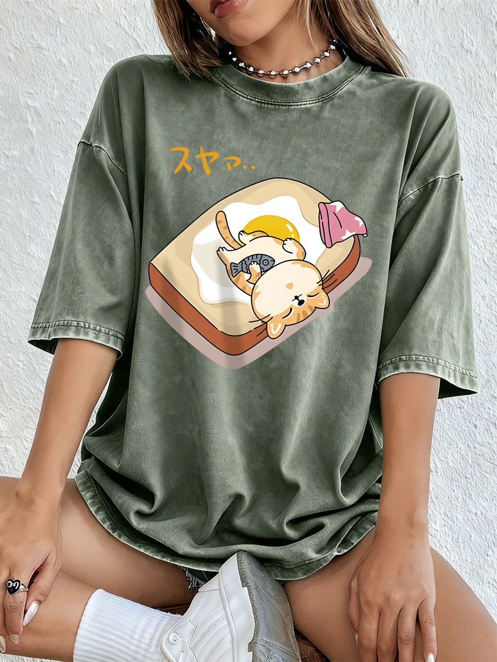 A Cat Sleeping Cotton Washed T-Shirts Womens Summer Oversized Tops Comfortable Distressed O-Neck T Shirt Casual Woman Clothes