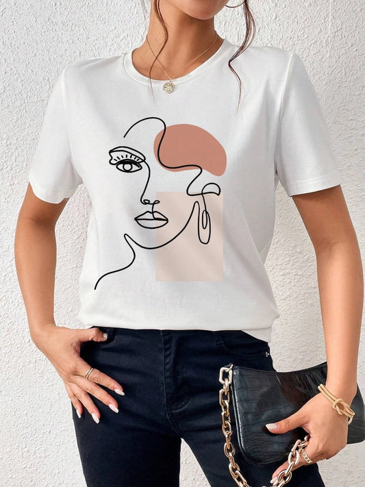 100% Cotton Women T-Shirts Fashion Simple Women's Face Print Tees Casual Soft Short Sleeve Tops Loose Comfortable Street Clothes