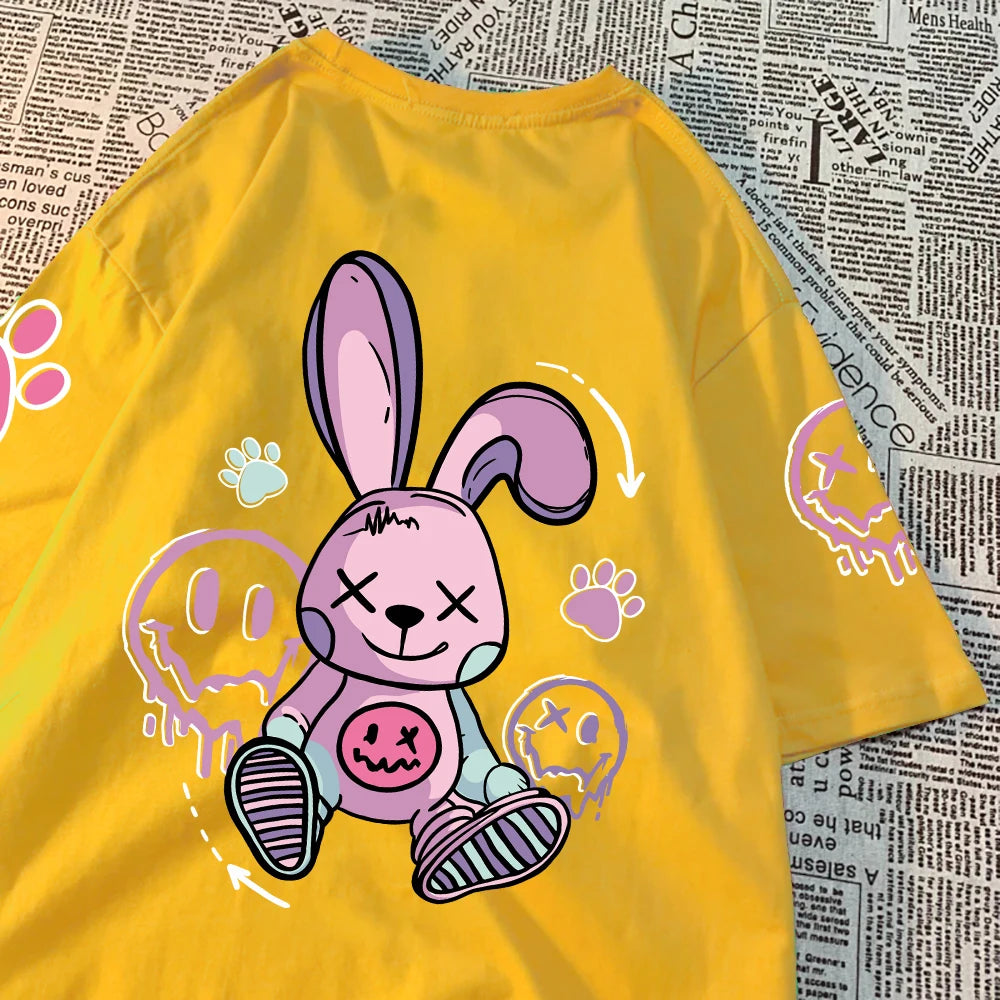 Novelty Fashion Cartoon Rabbit Pattern Print Women Short T-Shirt Summer Casual T Shirts Street Hip Hop Tops Breathable Soft Tees