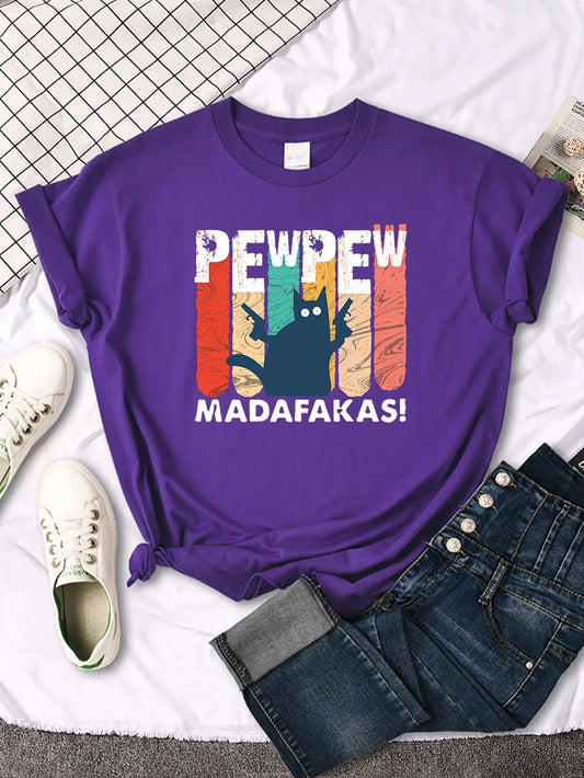 Cats Holding Guns Printing Women T Shirts Street Personality Tops Sport Casual Short Sleeve Casual Cool Soft T-Shirts Female