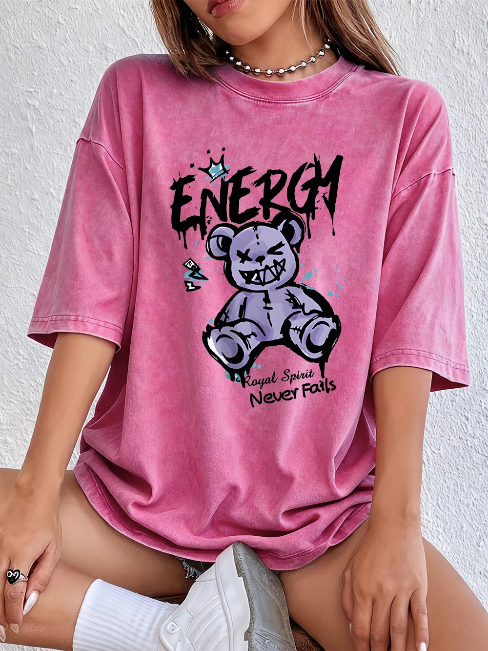 Energy Cute Bear Cotton Washed T-Shirt Womens