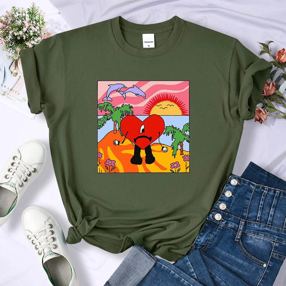 Bad Bunny Sad Love Heart Beach Sun Dolphin Palm Tree Tee Shirt New Loose T-shirts Hip Hop Street Tops Multicolor Womens Clothing