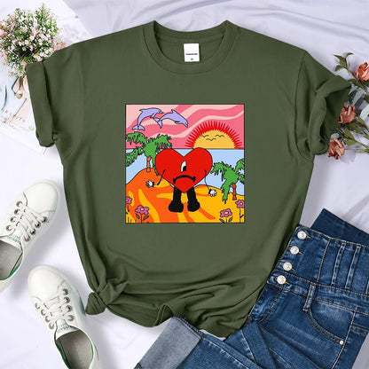 Bad Bunny Sad Love Heart Beach Sun Dolphin Palm Tree Tee Shirt New Loose T-shirts Hip Hop Street Tops Multicolor Womens Clothing