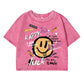 Happy To Luck Cartoon Printing Women Washed Shrot Clothes Casual Fashion Tshirts Street Breathable Tee Tops Cool Summer T Shirts