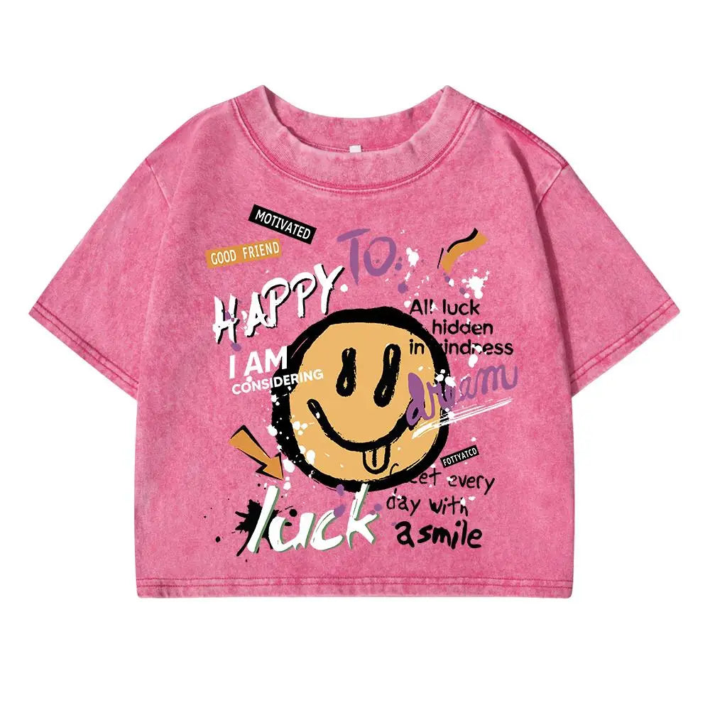 Happy To Luck Cartoon Printing Women Washed Shrot Clothes Casual Fashion Tshirts Street Breathable Tee Tops Cool Summer T Shirts