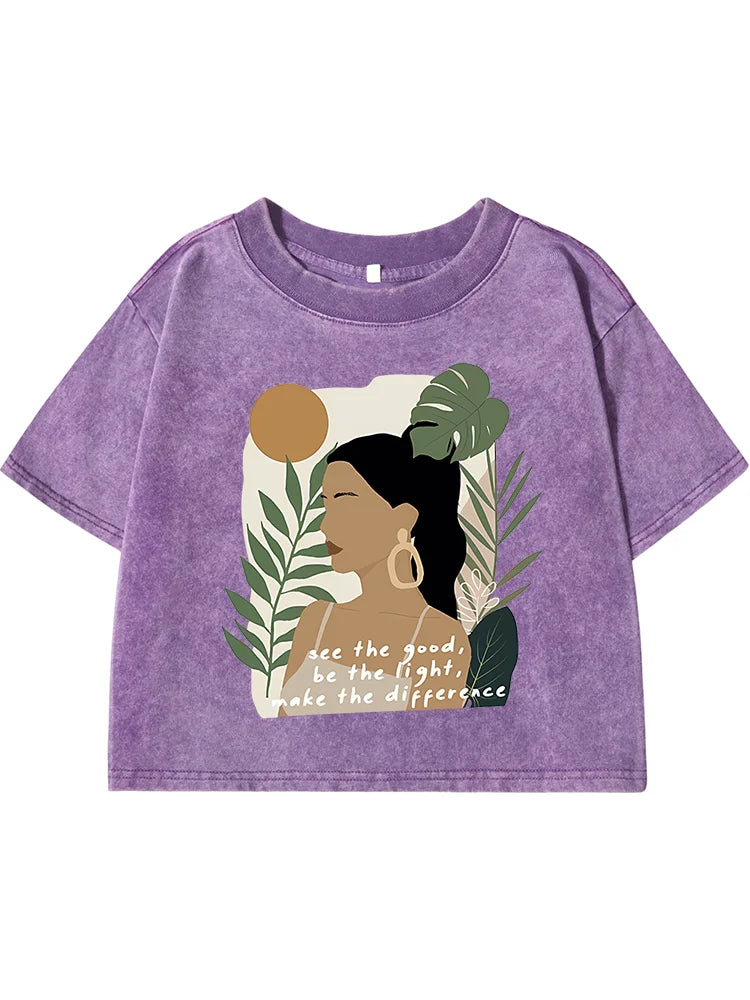 See The Good，Be Lightprinting Women Washed Shrot Clothes Casual Fashion Tshirts Street Retro Distress Tops Cool Summer T Shirts