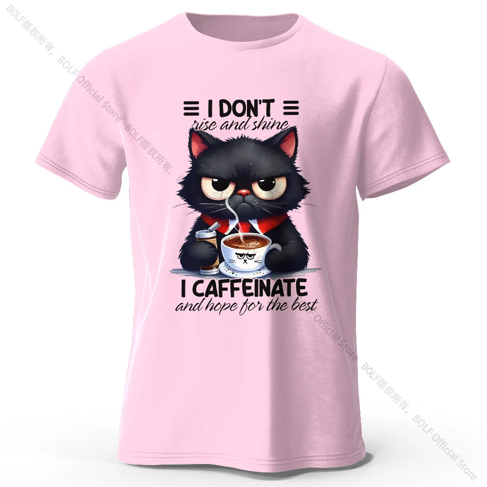 Coffee Loving Cat Print 100% Cotton T-Shirt
