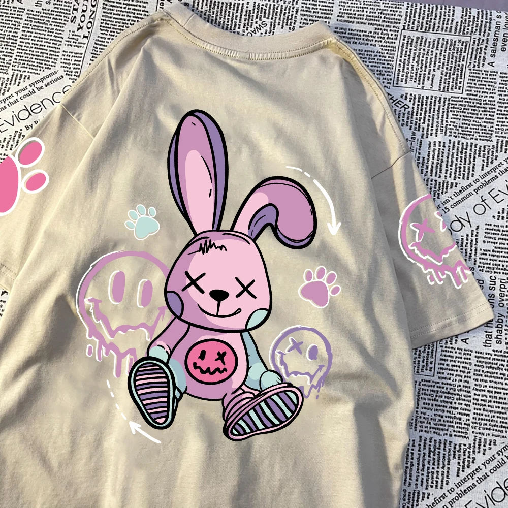Novelty Fashion Cartoon Rabbit Pattern Print Women Short T-Shirt Summer Casual T Shirts Street Hip Hop Tops Breathable Soft Tees