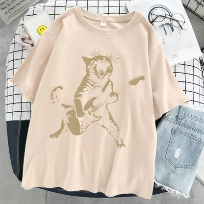 A Cat Playing Guitar Printing T-Shirt Women Street Summer Tshirts Soft Breathable Tee Clothing Cool Casual Fashion Short Sleeve