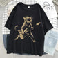 A Cat Playing Guitar Printing T-Shirt Women Street Summer Tshirts Soft Breathable Tee Clothing Cool Casual Fashion Short Sleeve