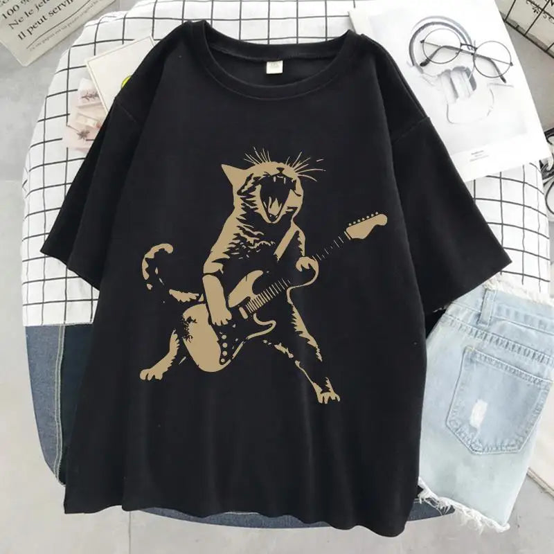 A Cat Playing Guitar Printing T-Shirt Women Street Summer Tshirts Soft Breathable Tee Clothing Cool Casual Fashion Short Sleeve