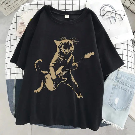 A Cat Playing Guitar Printing T-Shirt Women Street Summer Tshirts Soft Breathable Tee Clothing Cool Casual Fashion Short Sleeve