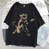 A Cat Playing Guitar Printing T-Shirt Women Street Summer Tshirts Soft Breathable Tee Clothing Cool Casual Fashion Short Sleeve