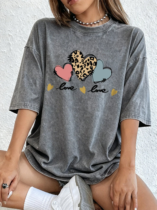 Red Leopard Print And Blue Heart Cotton Washed T-Shirts Womens Summer Oversized Tops O-Neck Distressed Comfortable Streetwear