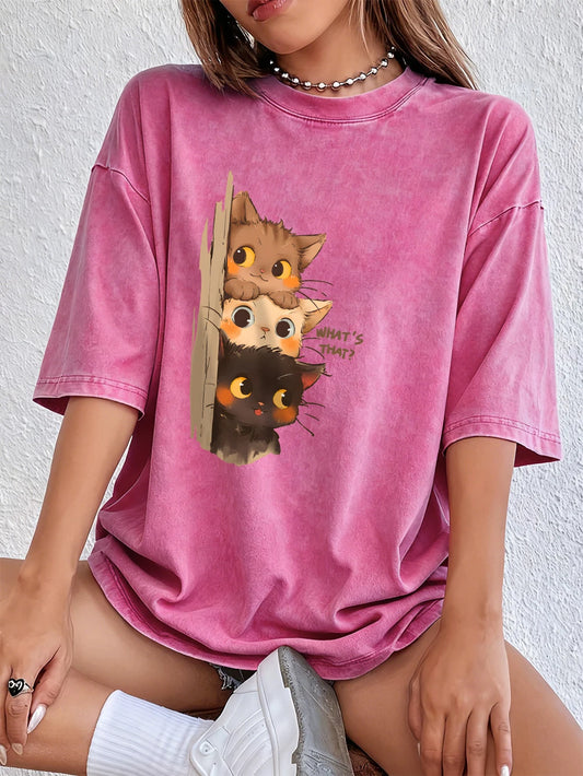 Three Little Cats Are Watching You Cotton Washed T-Shirts Womens Summer Oversize T Shirts O-Neck Comfortable Distressed Tops