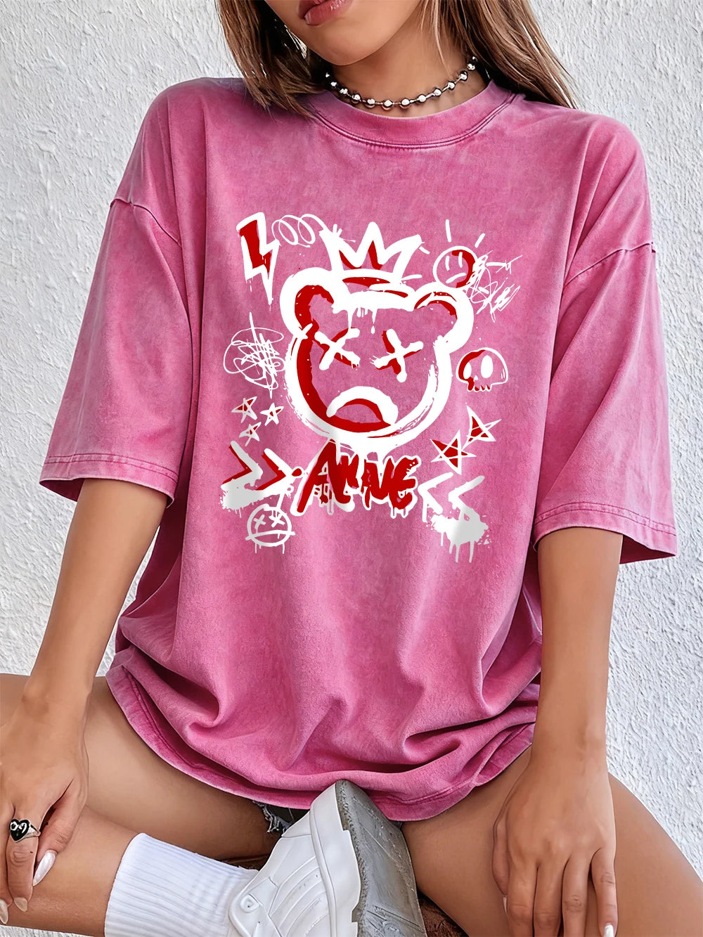 Bear Street Graffiti Prints Washed T Shirts Womens Cotton Oversized T-Shirt O-Neck Comfortable Distressed Tops Summer Clothes