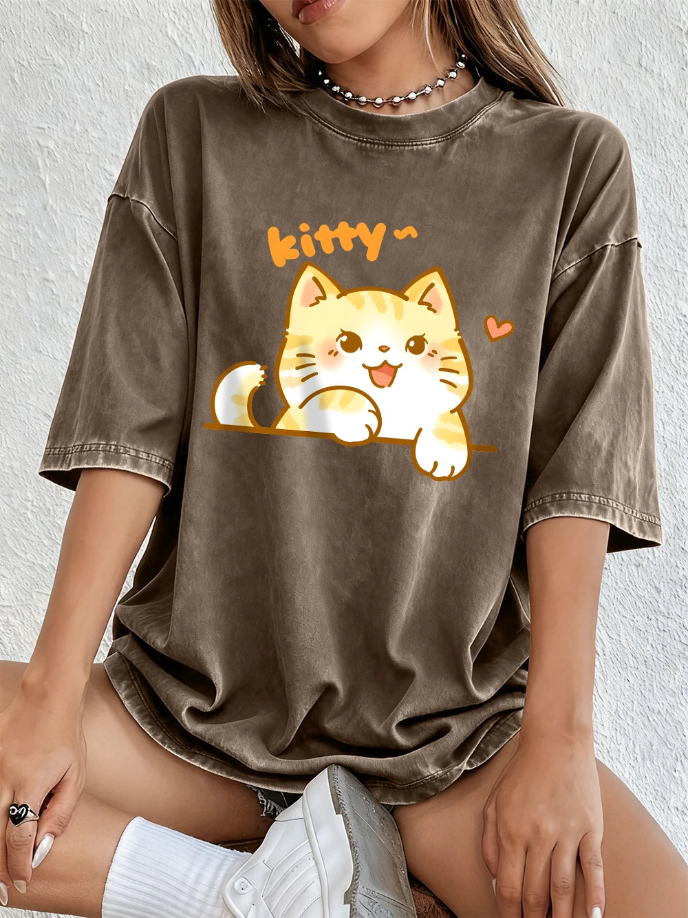 Kawaii Orange Cat Women's Cotton Washed T-Shirt Oversized