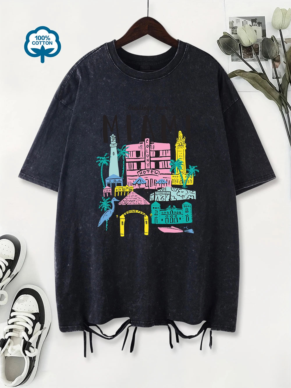 Greetings From Miami Women's Cotton Washed T-Shirt Oversized