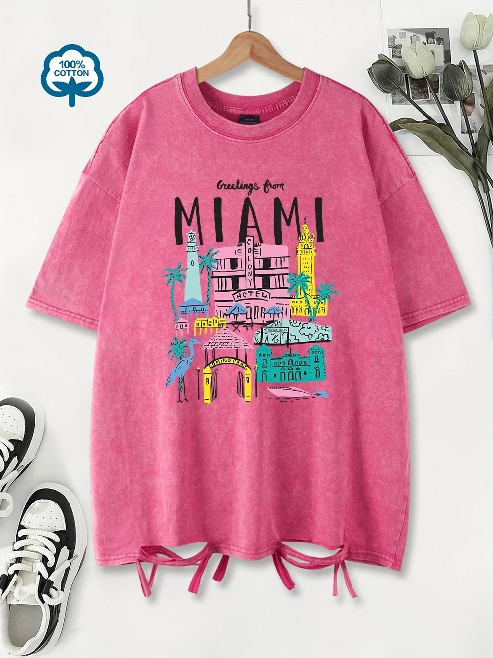 Greetings From Miami Women's Cotton Washed T-Shirt Oversized