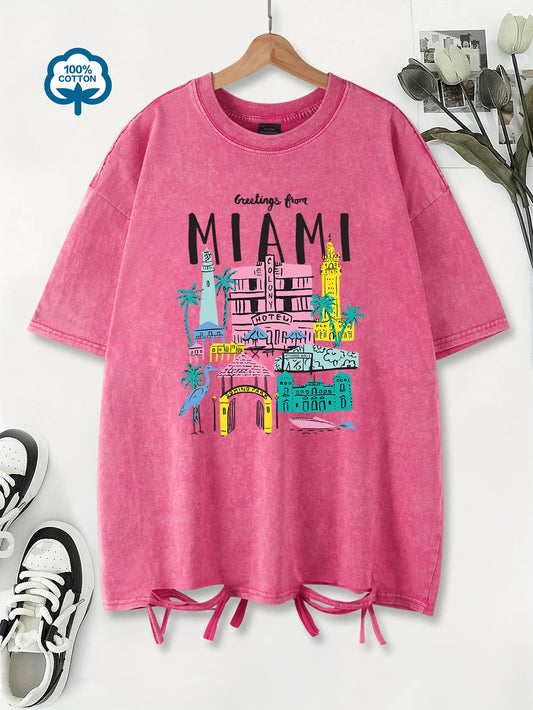 100% Cotton Washed T-Shirt Women Oversized Greetings From Miami Prints T Shirt O-Neck Distressed Holes Tops Summer Woman Clothes